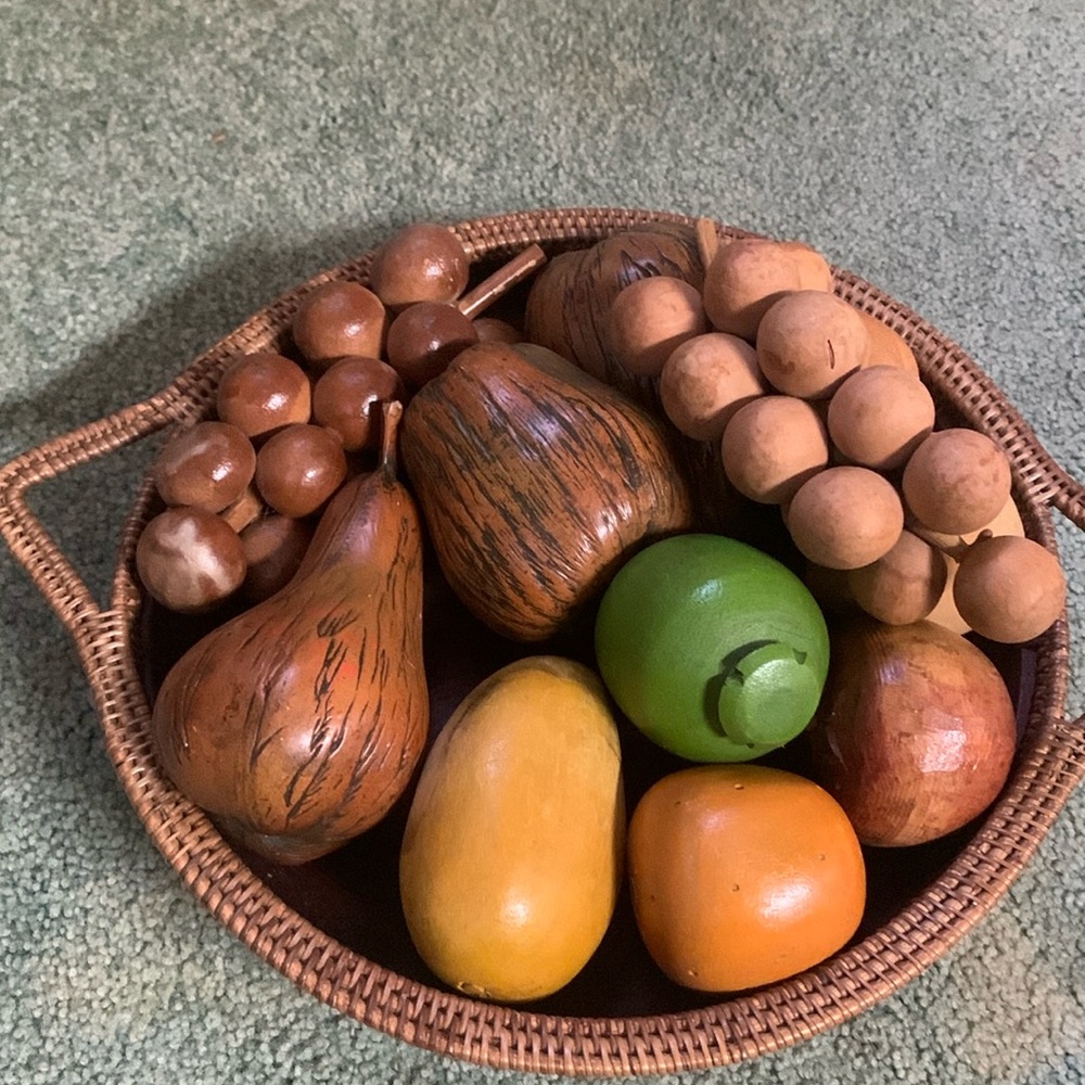 Pottery Barn bowl with wooden fruit EUC kitchen decorations